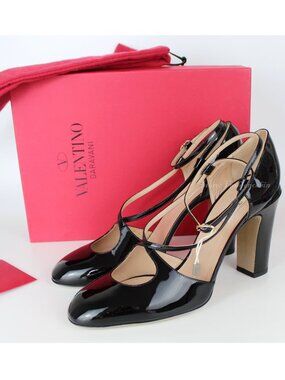 NEW VALENTINO GARAVANI Patent Leather Pumps, EU 41.5, Black, Ankle Strap